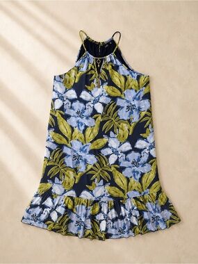 Mlle Gabrielle Navy Blue Floral Sleeveless Shift Dress Ruffle Hem Keyhole Charm